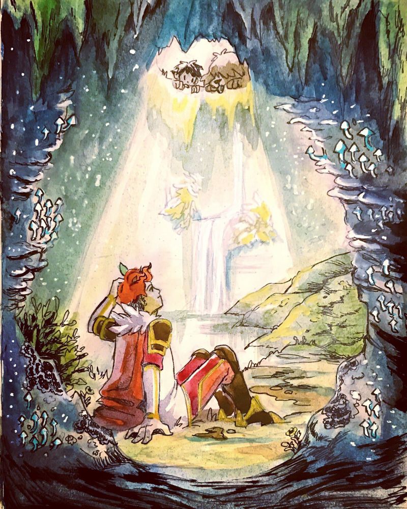 Watercolor ink sketch of Ephrim looking up after falling into a lush waterfall cave. Throndir and Kodiak look down from the opening above as sunlight streams down.