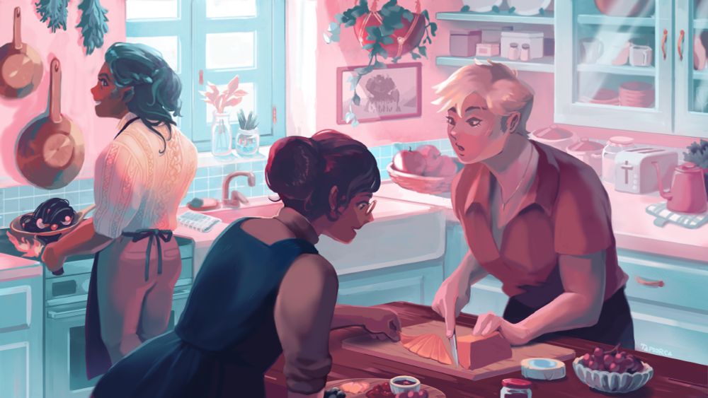 Sokrates, Tea, and Natalya in a blue and pink kitchen preparing a meal