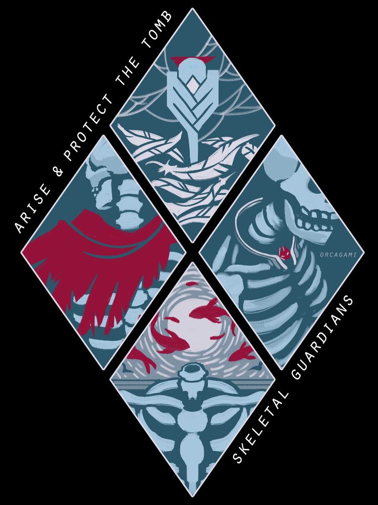 Text: Arise & Protect the Tomb Skeletal Guardians. Diamond divided into 4 panels. Top is a bird shaped key covered in web and feathers. Left is a skeleton with a red torn cape. Right is a skeleton with a cat shaped necklace. Bottom is a headless skeleton with a mural of red fish behind it.