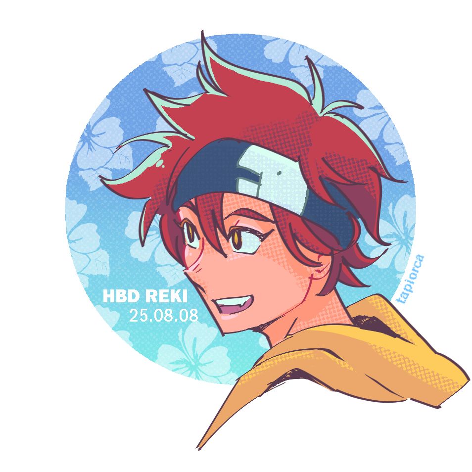 Side profile drawing of Reki facing left on a circular blue background with hibiscus pattern