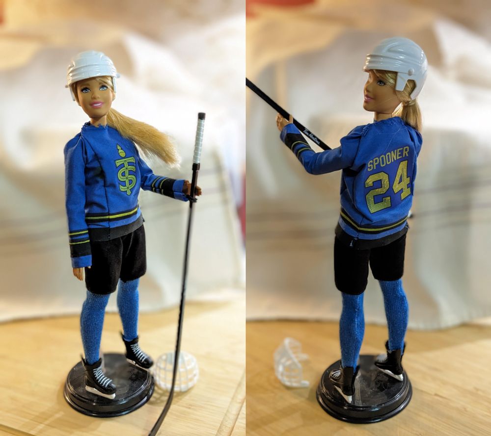 Tim Hortons Barbie hockey doll I purchased a few years ago. I made Toronto Sceptres gear for her, with Natalie Spooner's name and number. Pictured are front and back views of the doll with her full hockey gear.