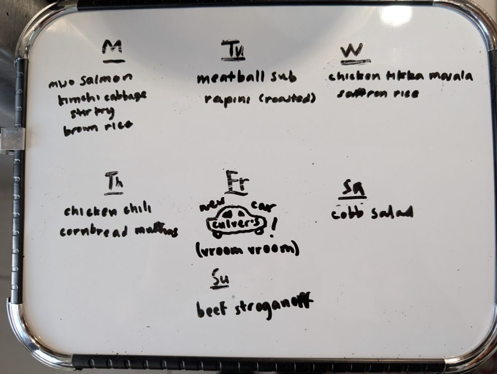 M - miso salmon, kimchi cabbage stir fry, brown rice 
Tu - meatball subs, rapini (roasted)
W - chicken Tikka Marsala, saffron rice
Th - chicken chilli, cornbread muffins 
Fr - Culver's (new car edition)
Sa - Cobb salad
Su - Beef stroganoff 