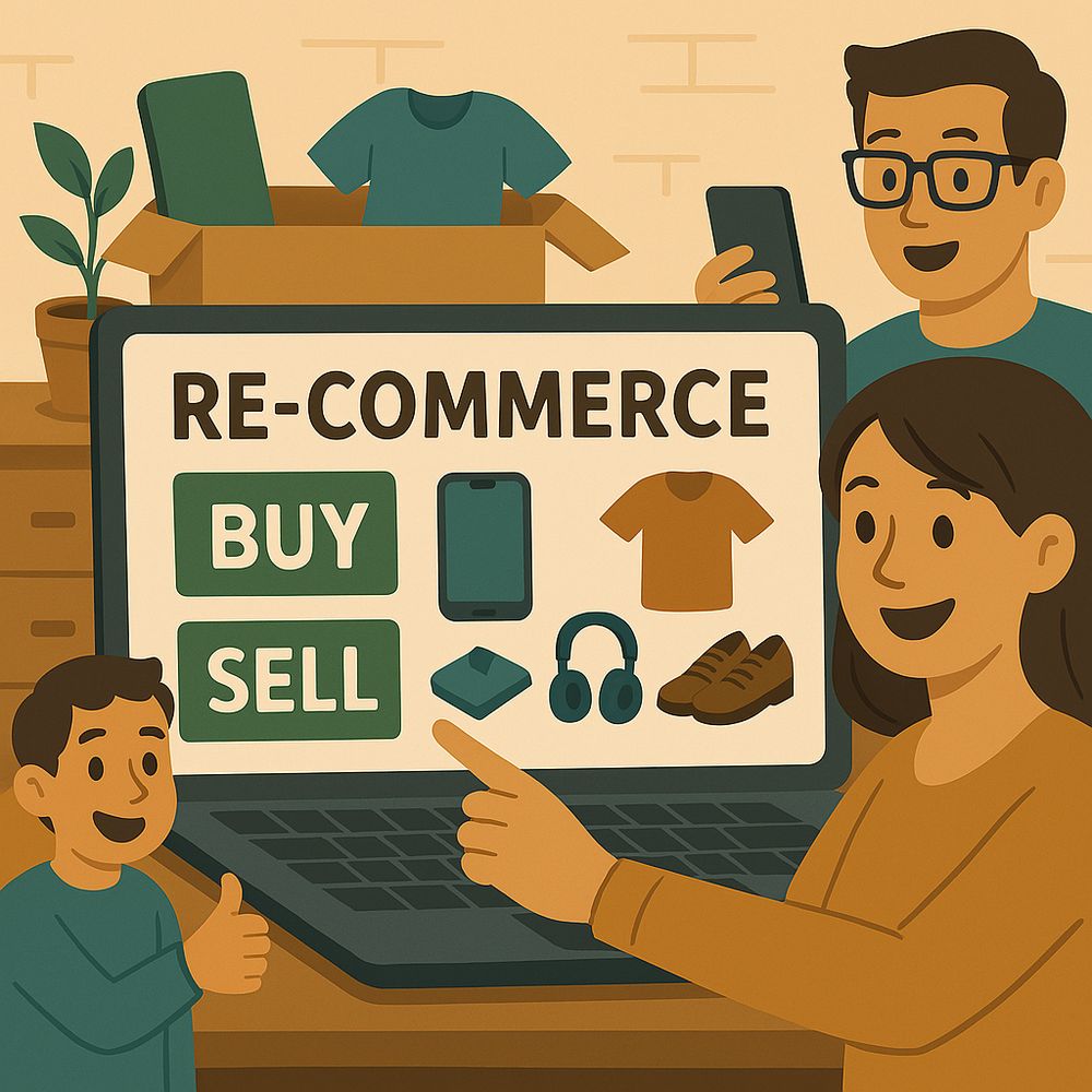 Grafik mit drei Personen und Bildschirm, auf dem Re-Commerce, Buy und Sell steht