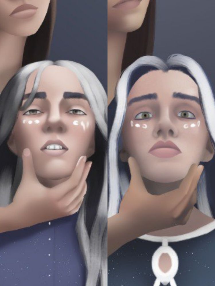 Dos versiones del rostro de mi personaje Lunior que están separadas por 5 meses. Lunior es una mujer de tez blanca, ojos amarillentos, y pelo azul marino, el cual tiene mechas blancas. En el dibujo, una mano está cogiendo la cara de Lunior y le está obligando a alzarla ligeramente mientras Lunior mira hacia delante con una expresión de sorpresa