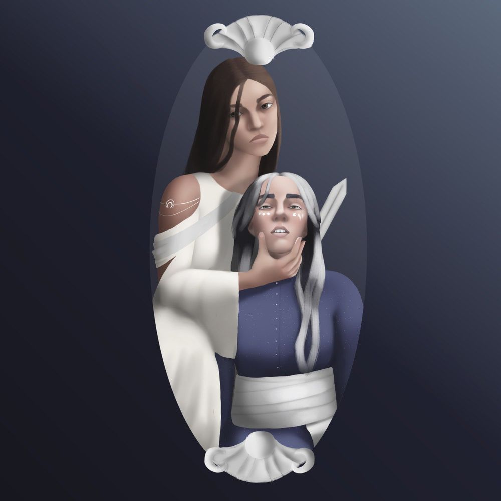 Ilustración de Aqamare y Lunior, protas de mi novela en Wattpad. La imagen es el reflejo de un espejo donde se ve a Aqamare sentada y sosteniendo la barbilla de Lunior, que está sentada entre sus piernas, hacia el espejo. Detrás de la cabeza de la última,asoma un puñal que está sostenido por Aqamare.