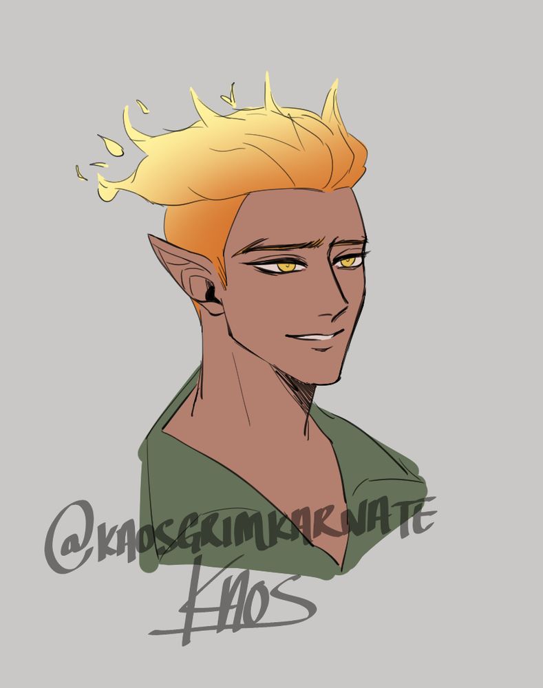 An individual with flaming orange/yellow hair and golden eyes, they look ahead with a soft gaze.