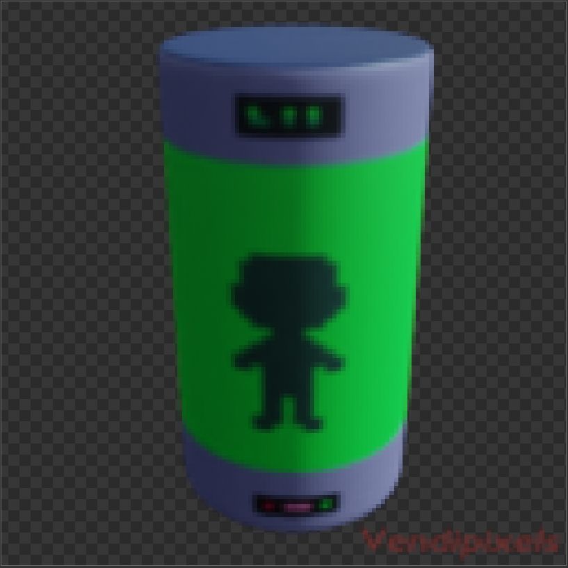 A 3d model of a tube filled with green liquid and the silhouette of a person. The top and bottom are grey with pink and green lights.