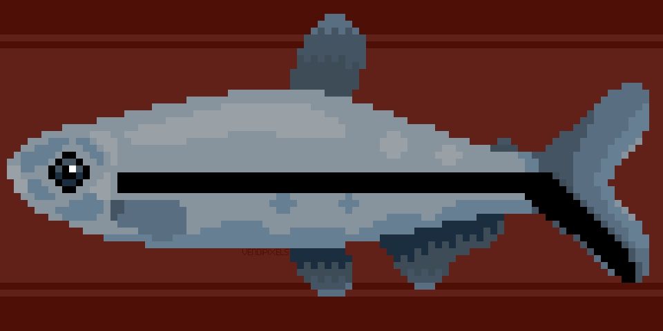 A pixel art image of a fish. It's grey with a black horizontal line.