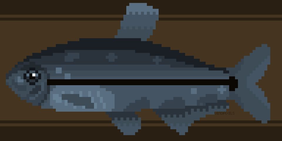 A pixel art image of a fish. It's grey, with a black horizontal line on its side.
