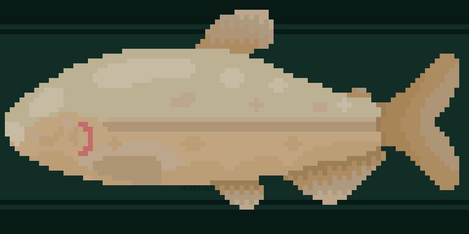 A pixel art image of a fish. It's light beige with a darker horizontal line on the side.