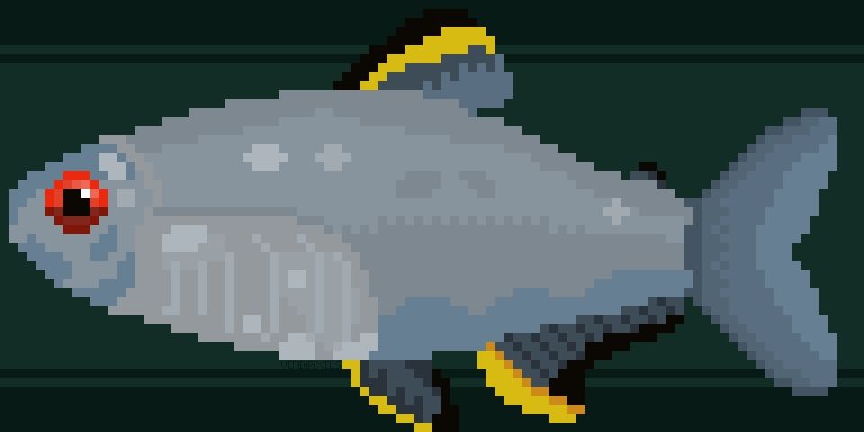 A pixel art image of a fish. It's grey with yellow and black on its fins. Its eye is orange.