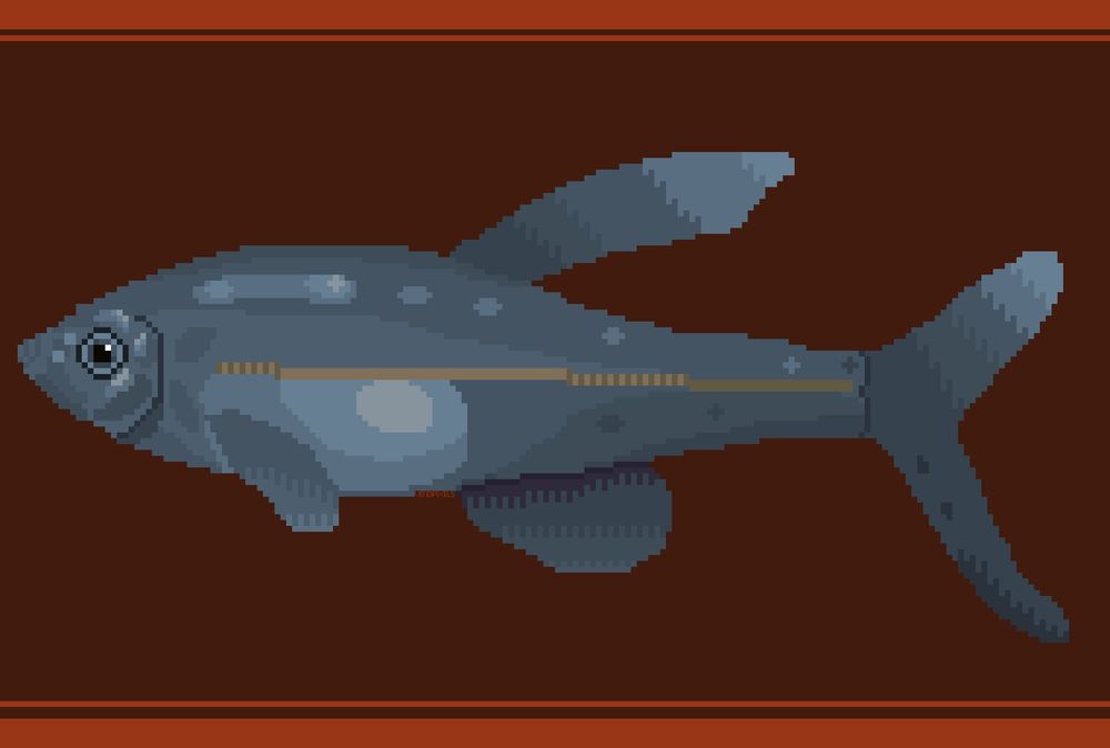 A pixel art image of a fish. It's different shades of grey.
