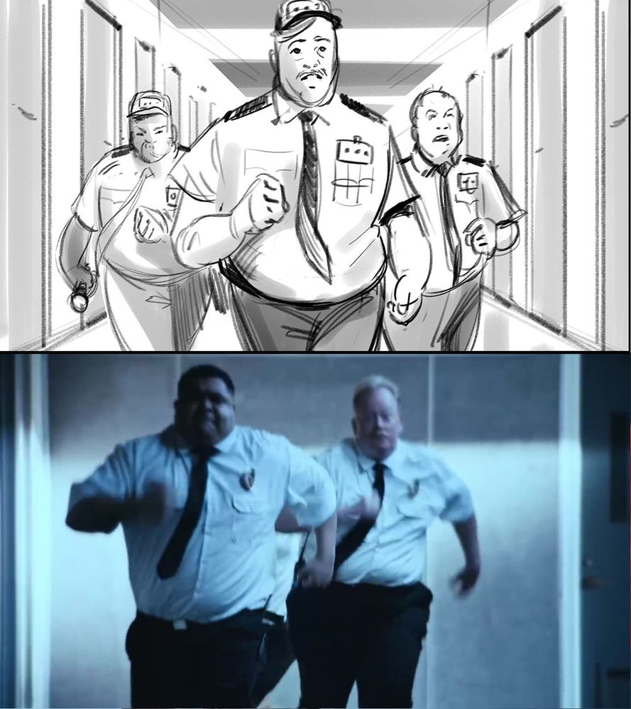 Above: storyboard of three mall cops running, below: screenshot of the same scene in a finished commercial