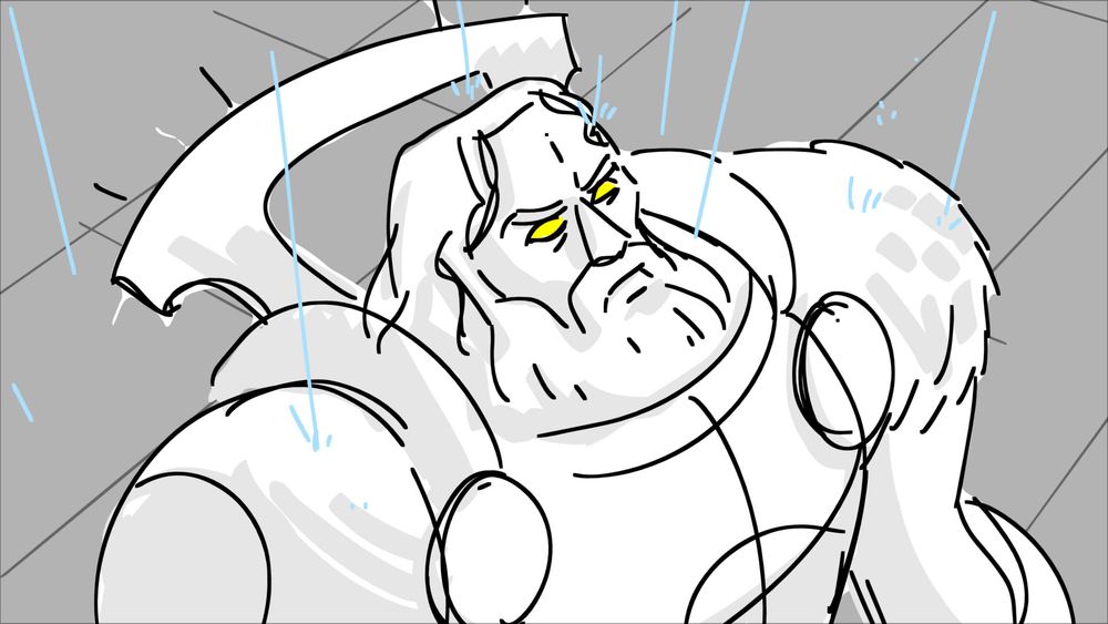 Storyboard frame of a knight in the rain. His eyes glow yellow with magic