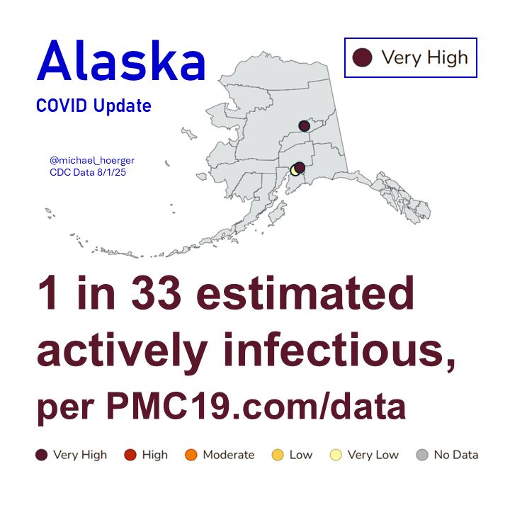 PMC19.com graphic showing Alaska with an estimated prevalence of 1 in 33 actively infected, concentrated in the largest population centers of Anchorage and Fairbanks areas.