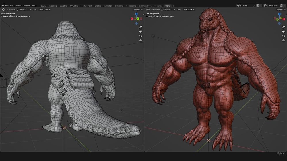 Retopo of the body, accessories, and the scale base without the scale meshes. 