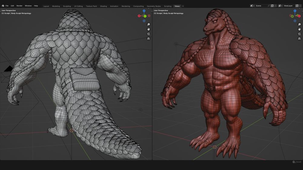 Retopo of the body, scale base, scales, and accessories. 