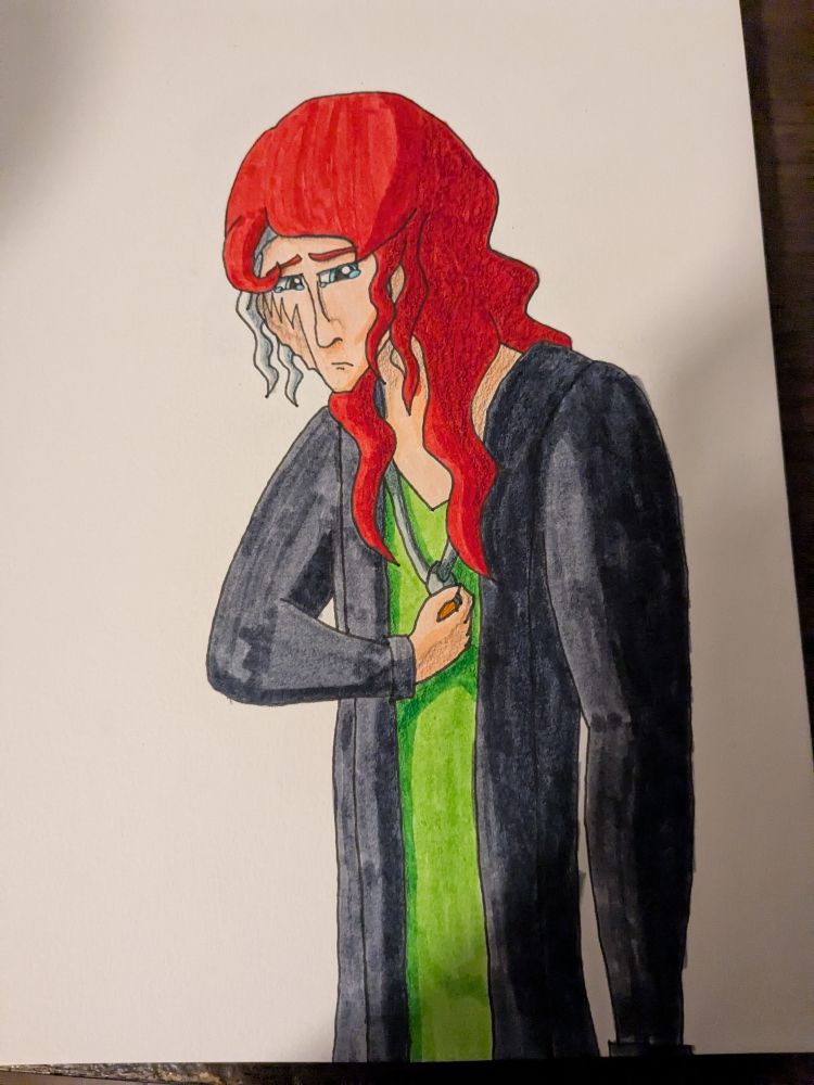 A traditionally-drawn portrait of a young trans man with teal eyes and wavy, shoulder-length hair with a big white streak on the right side of his head. He is lowering his head in sorrow while his tear-filled eyes glance off to his left. He is rubbing his amber locket in his right hand, as if he has a reminder of someone he lost in that locket.