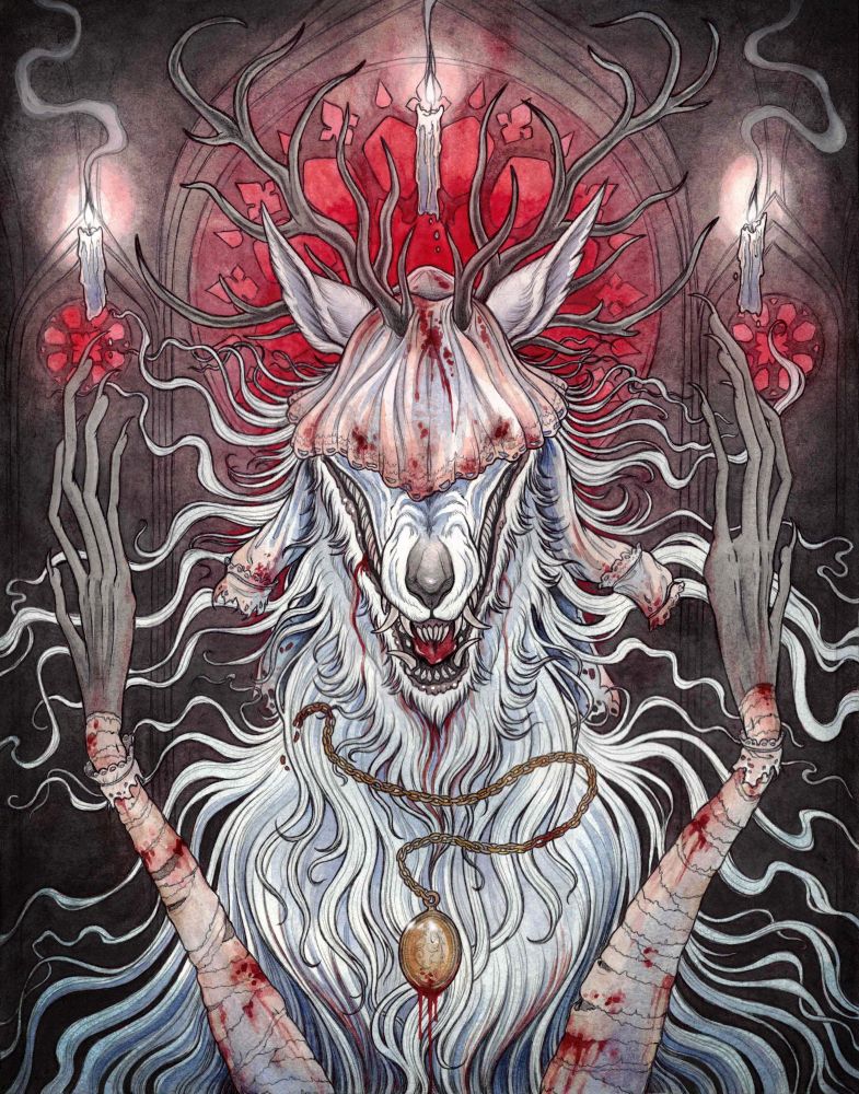 A watercolor painting the character Vicar Amelia from the game Bloodborne. The depiction is that of a ragged white werewolf, with it’s snarling face blindfolded by a bloody veil. It’s fur floats around it in wisps like tattered fabric. A golden locket hovers in front of its body. 