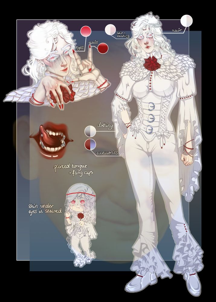 Commission of a referen s sheet.
Image depicts a femme prezenting albino character with tear stains on her face. She wears white, moderately formal clothing I designed myself out of various references, with red beads as accessories.
.
JP2 is used as a watermark at 15% opacity