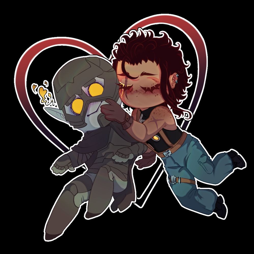 Commission for poliwagyu on discord
Link 🔗 https://poliwrath0.carrd.co/ 
Shows their 2 characters in a ship art situation. The character on the left is a male creature with armour all over their body as well as a cape over his shoulders. The character on the right is a badass girlie with a tanned complexion, dark red hair in a spiky pixie cut (with the front tufts of hair left long).
The image is for a keychain, and shows the girlie giving the male character a little kiss on the cheek.