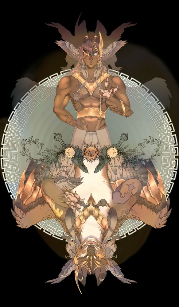 Commission depicts a client's dragon/shapeshifter character who's based on an ancient Roman aesthetic. The character, Montu, is a male presenting retired soldier with golden accessories and tears. He has many scars all over his body, and wings on the sides of his head
.
JP2 is used as a watermark at 15% opacity