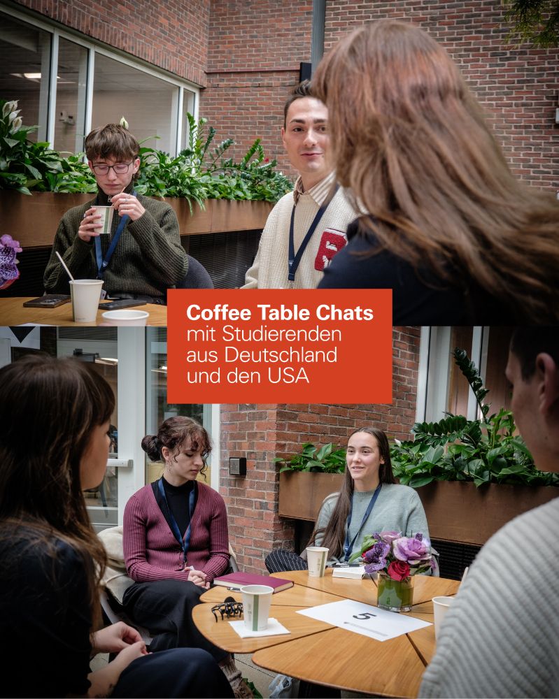 Zwei Fotos der Coffee Table Chats jeweils von Studierenden im Gespräch mit Heidi Reichinnek.