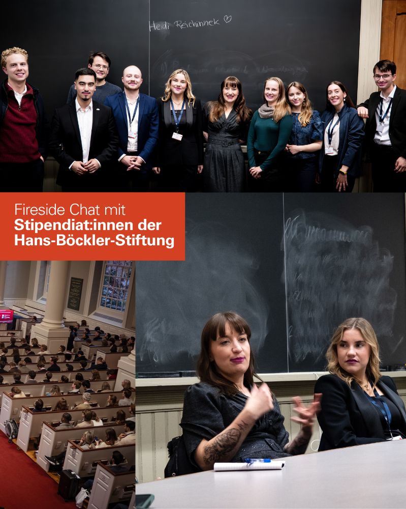 Fotocollage: 
Oben: Heidi Reichinnek mit Stipendiat:innen der Hans-Böckler-Stiftung vor einer schwarzen Tafel, auf der Heidis Name mit einem Herzen geschrieben steht. Alle lächeln.
Unten: Heidi Reichinnek sitzt an einem Tisch und spricht, eine Stipendiatin hört ihr gespannt zu, Tafel im Hintergrund.
