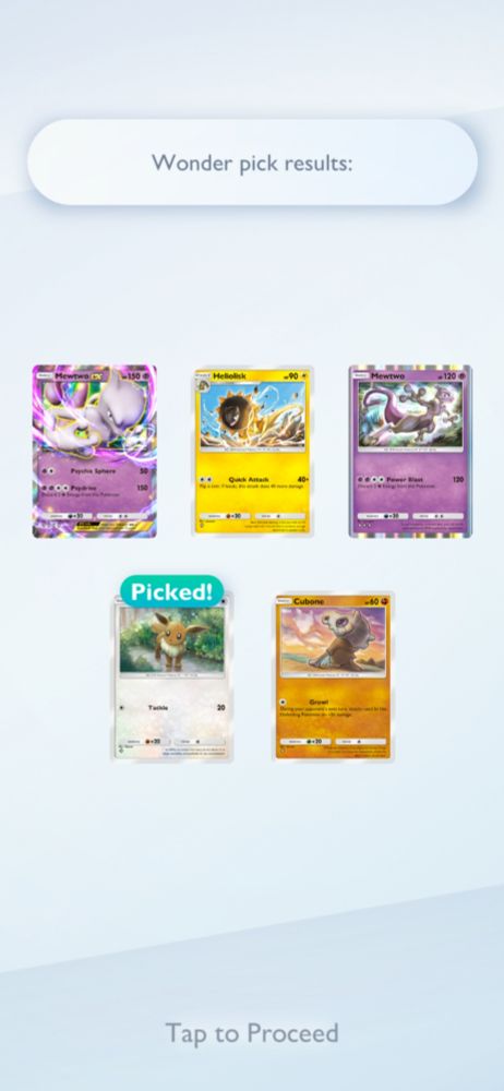 Screenshot showing my pick from the previous cards wonderpick (heliolisk, mewtwo, mewtwo ex, eevee, cubone)
The card I got was eevee. 