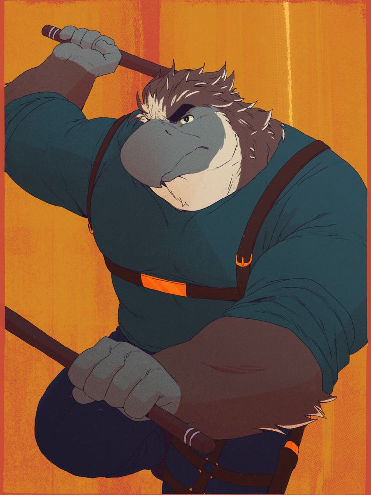 ART - OC: action shot of Oscar with escrima sticks. 

Lineart commission done by Gamubear, colour work by Marxophone