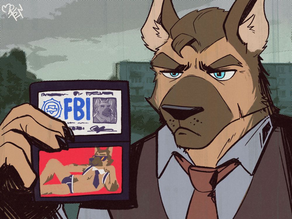 ART - Markus from Cienie recreating a still from The Simpsons: Markus is holding up a wallet with both a fake FBI ID and a spicy pinup