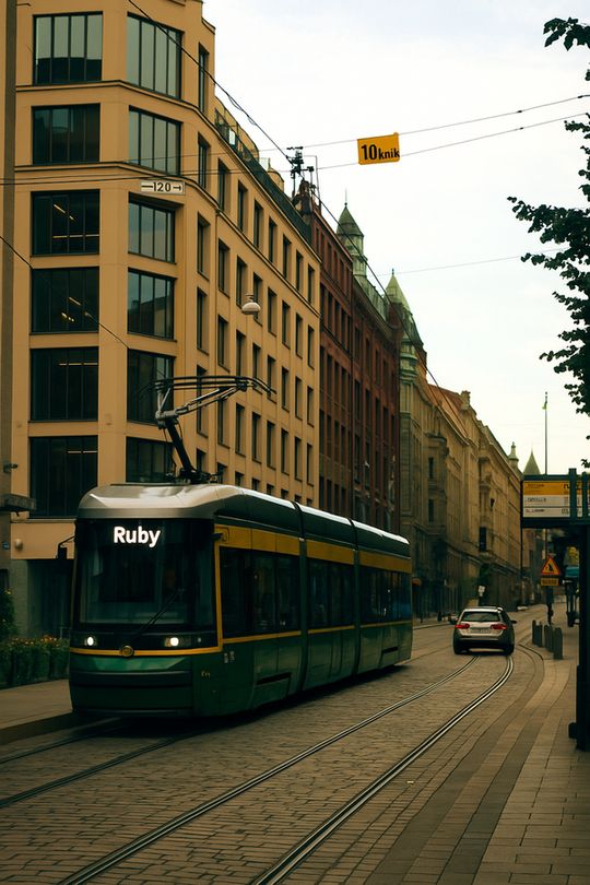 A photo of a Helsinki tram where the destination sign has been AI edited to read “Ruby”