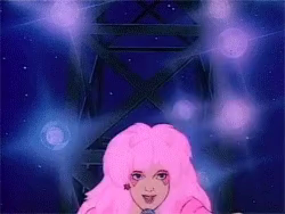 a cartoon character with pink hair is standing in front of a spotlight