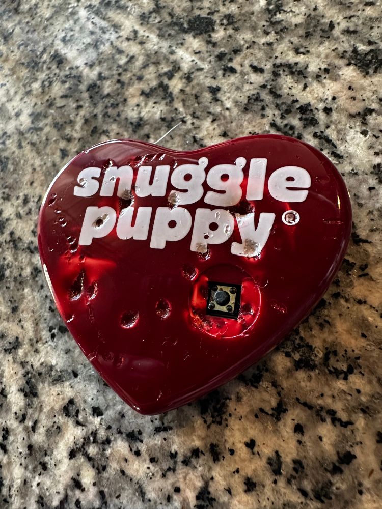 A close up a toy heart with the text “snuggle puppy”. It looks like it has been through the wringer with lots of teeth marks. It’s no wonder why the dog is named Bear.