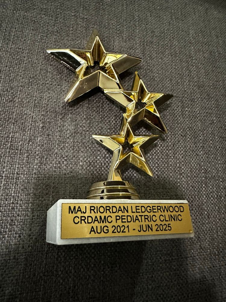 A picture of a normal looking trophy with a three star trophy topper 