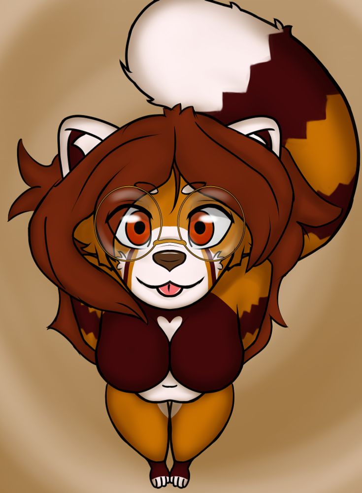 Above angle of an anthropomorphic red panda with glasses holding her arms behind her back sticking her tongue out at the viewer. 