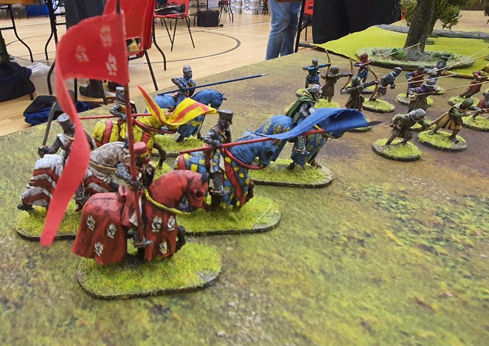 28mm knights in herdry with spears in background.