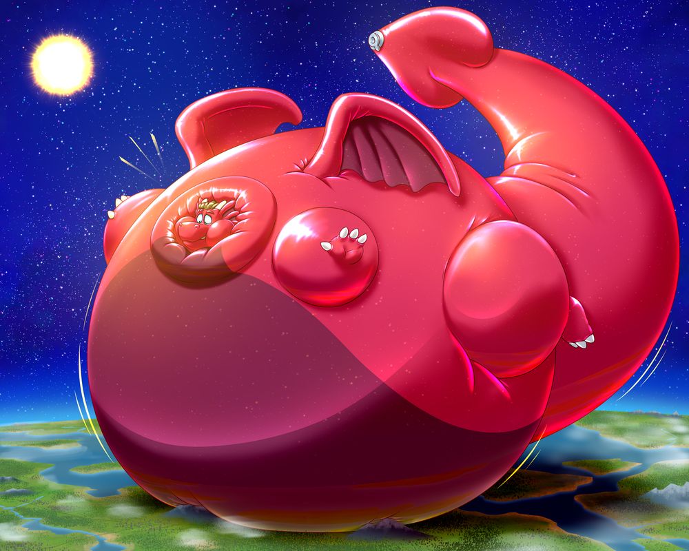 An enormous red dragon balloon is engulfing numerous countries under his red orb body. He has outgrown Earth's atmosphere and the sun is prominent in the background, shining on him.
