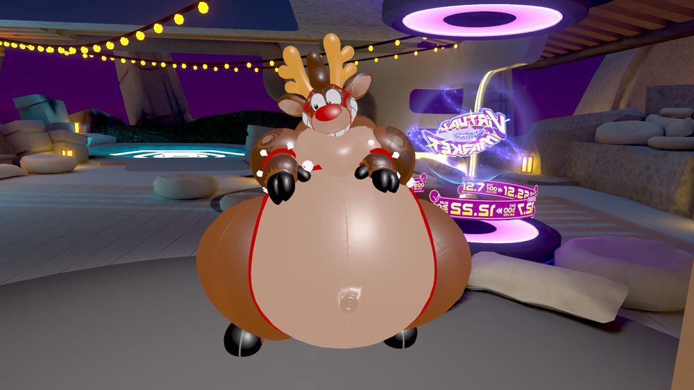 A big reindeer balloon in a standard VRChat homeworld.
