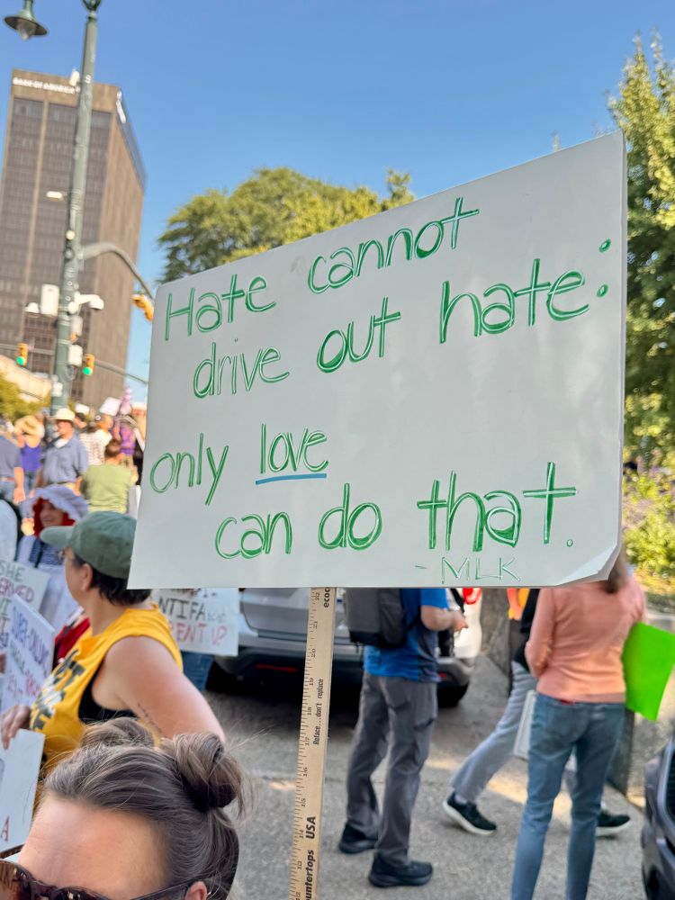 No Kings sign: “Hate cannot drive out hate. Only love can do that -MLK”