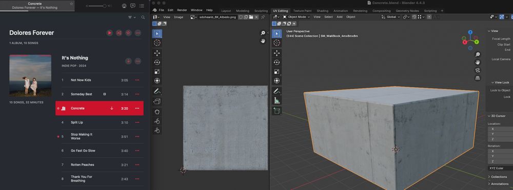 Screengrab of my Apple Music, listening to Concrete by Dolores Forever, while working on a blender file of placeholder assets of concrete blocks - UV editor showing a lovely Quixel texture on a very basic block