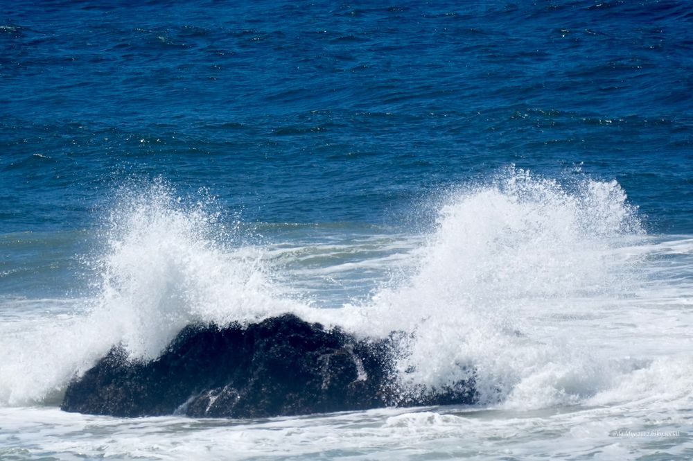 Photo of a wave crashing over a rock and sending spray upwards. Taken outside of Chinook Winds Casino, Lincoln City, Oregon, in July, 2025