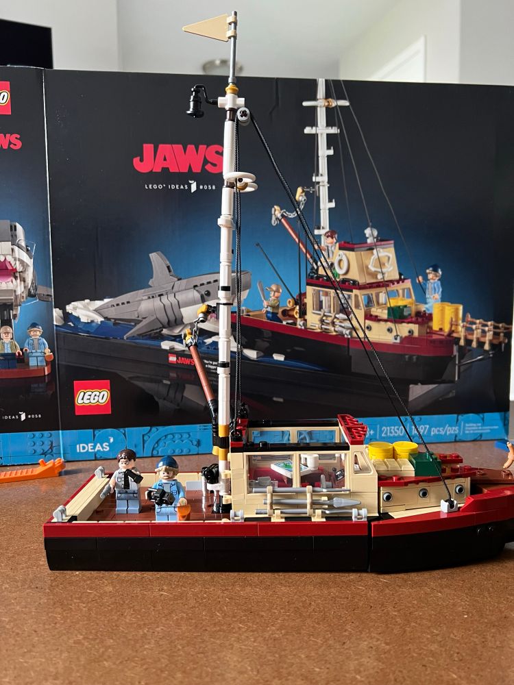 Photo of Lego Jaws set. The Orca is almost complete and mini fig Matt Hooper has been added