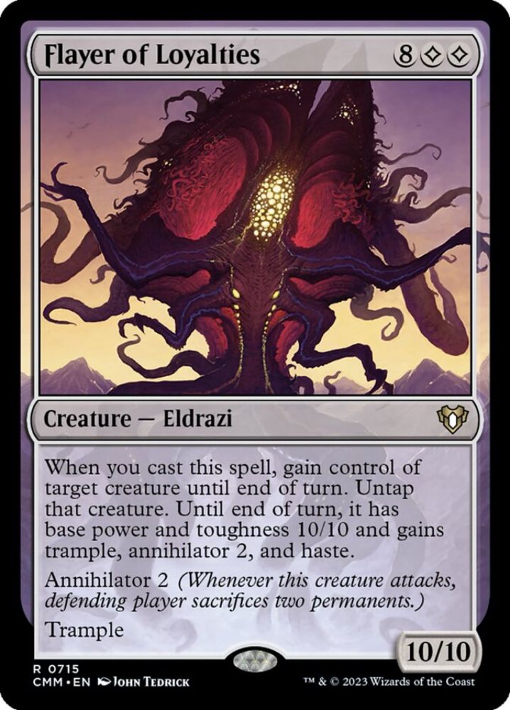 "Flayer of Loyalties" Magic card, featuring a sprawling tentacled monstrosity with arm-like "tendrils" spread in a simultaneously inviting and menacing manner.