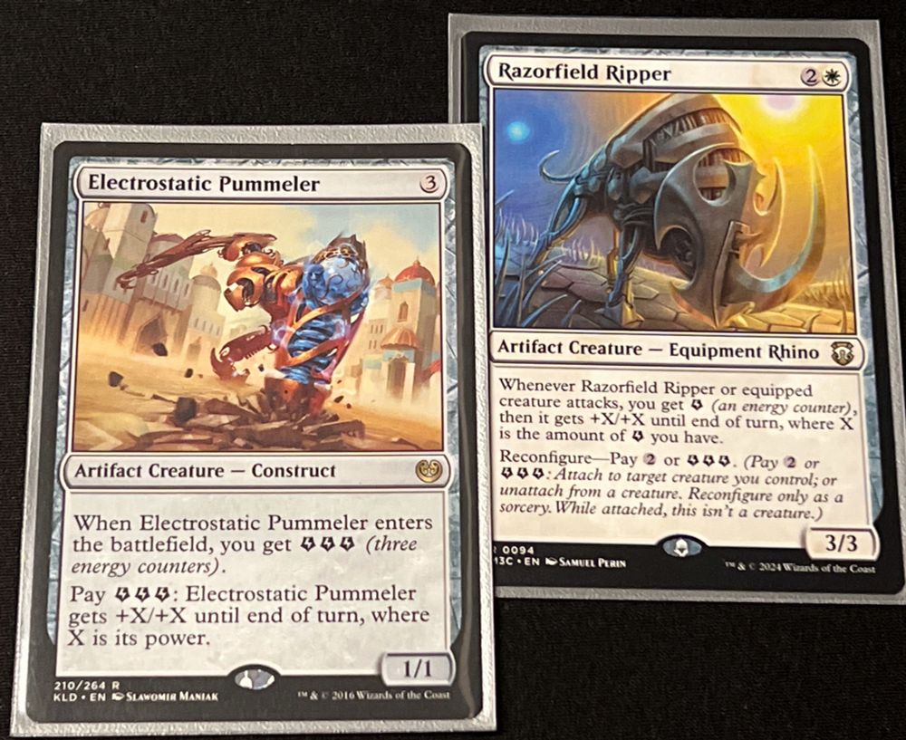 Two "Magic the Gathering" cards are pictured: "Electrostatic Pummeler" and "Razorfield Ripper". 

Rules text for these cards can be viewed on Scryfall:
https://scryfall.com/card/kld/210/electrostatic-pummeler
https://scryfall.com/card/m3c/42/razorfield-ripper