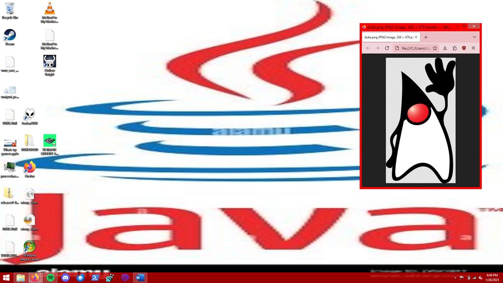 screenshot of windows with a low quality image of the java logo stretched to fill the background. A picture of duke is open in firefox. The taskbar and window borders are both bright red.