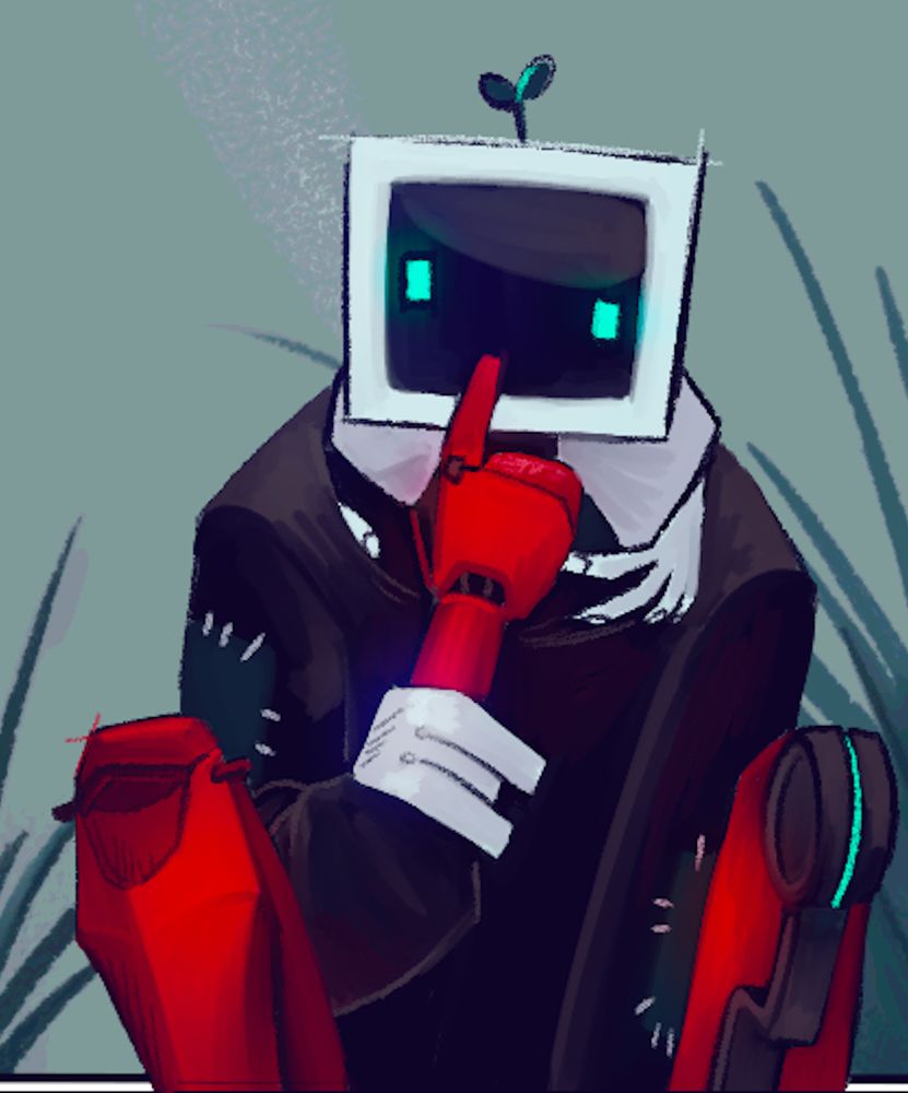 A Red Robot with a white tv head. Black jacket with dark green patches. His left leg is a prosthetic, not matching the more humanoid limbs.