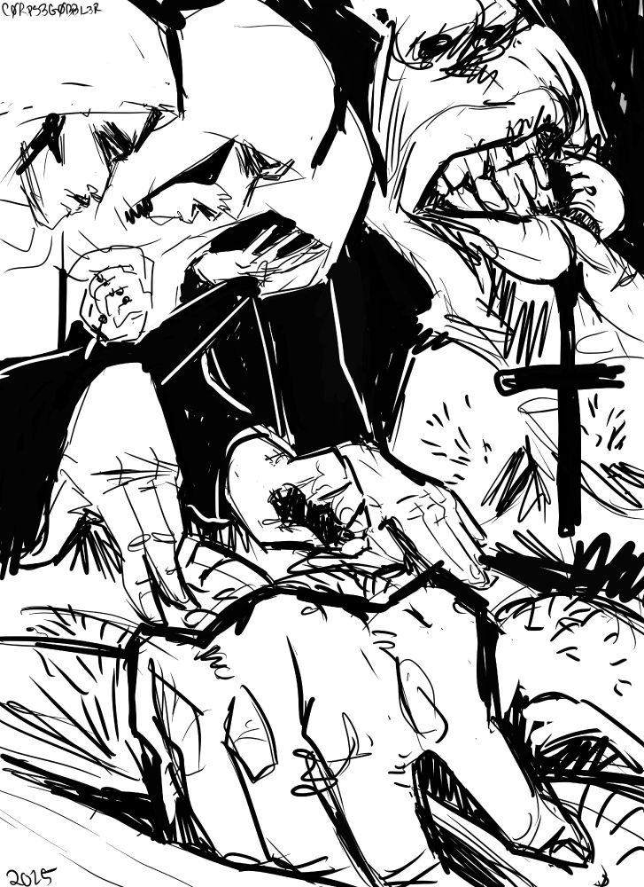 A black and white comic page. The top left is a nun breaking down in tears. The top right is a mouth with the bottom lip pulled down being cut into, the blood turning into a cross. The middle is the nun caressing a man's torso. The bottom of the page is the nun sticking her hand into the man's chest.