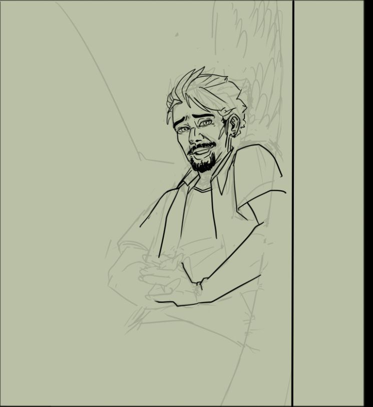 An incomplete sketch/lineart of a guy leaning against a wall