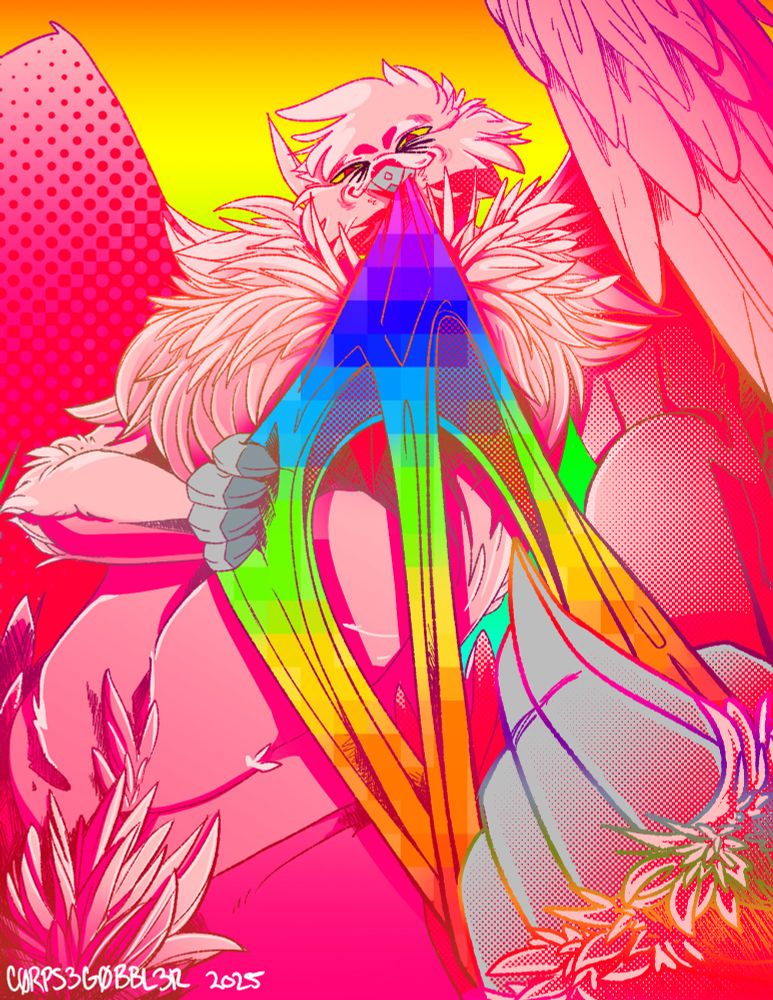 A pink bird man pulls on a pair of rainbow panties with his hands and beak. 